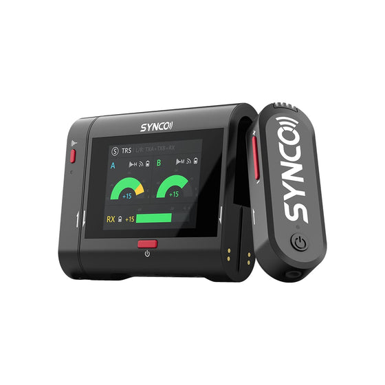 SYNCO G3 Pro wireless collar microphone has two transmitters and a receiver with a touchscreen.